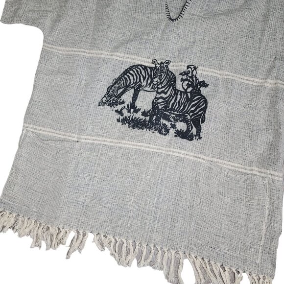 Handwoven Poncho With Zebra Print boho Style Fringe Hem Lightweight Cotton Blend - Picture 9 of 9